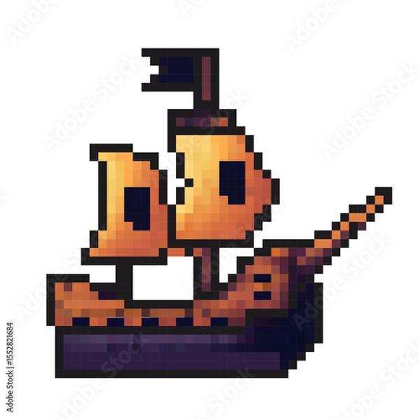Obraz Vintage pixel art of a sailing ship with two masts and a waving flag on a calm sea backdrop