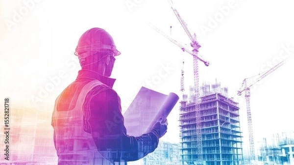 Fototapeta Architect Overseeing Construction Site, Abstract Blueprint Vision