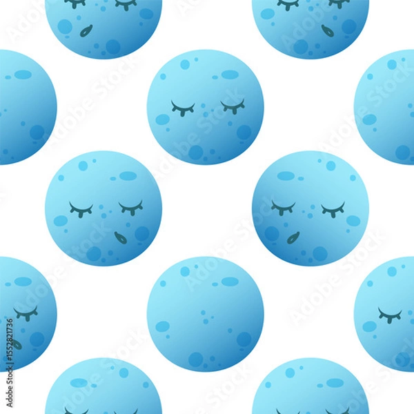 Fototapeta A repeating pattern of blue moons with closed eyes and eyelashes on a white background. The design is playful and whimsical, suitable for various creative projects, for children's themes or summer