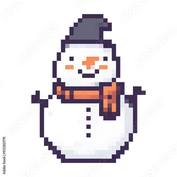Obraz Cheerful snowman wearing a hat and scarf, designed in pixel art style for winter themes and holiday decorations