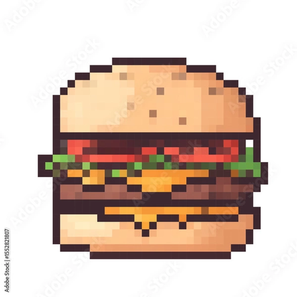 Obraz Pixel art burger featuring layers of cheese, lettuce, tomato, and a beef patty in a retro style