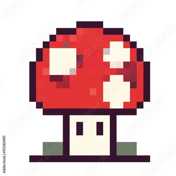 Obraz Retro pixel art depiction of a bright red mushroom with white spots on a white background