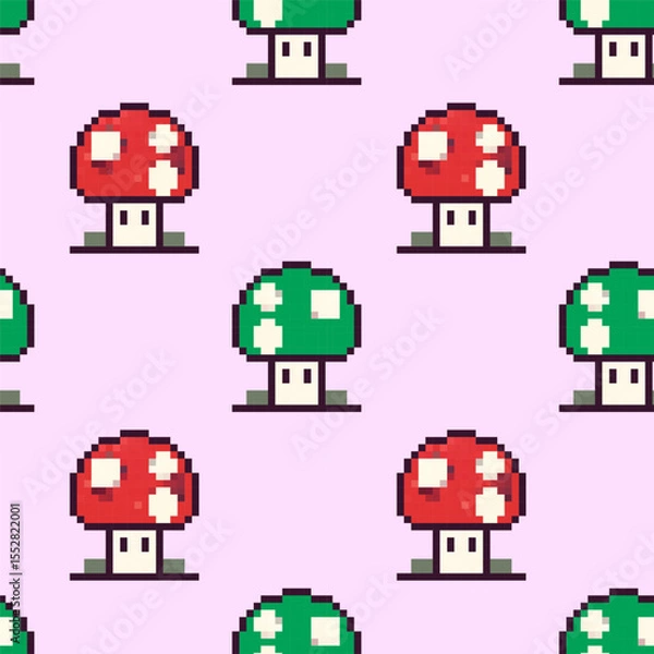 Obraz Colorful mushroom pattern on a soft pink background featuring vibrant red and green mushrooms in a playful design