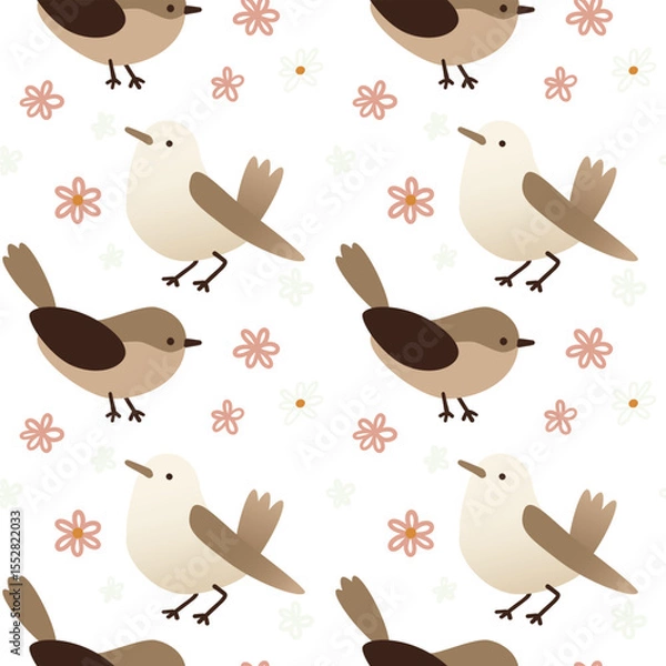 Fototapeta A seamless pattern featuring various small birds in shades of brown and cream, surrounded by simple floral elements in soft colors. Ideal for textile design.
