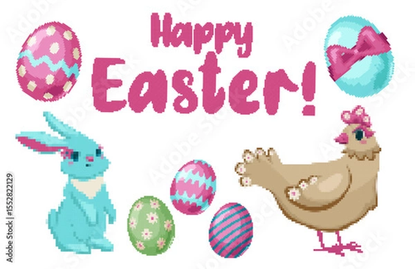 Obraz Celebrate Easter with a vibrant vector featuring colorful eggs, a cheerful bunny, and a charming hen in a seamless design. Pixel art