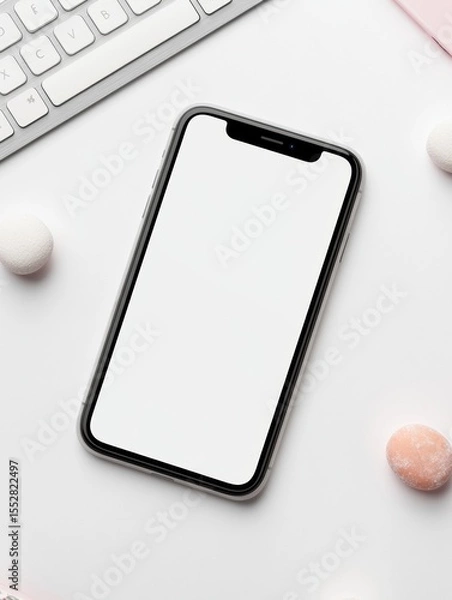 Fototapeta Blank smartphone display on desk with keyboard and pastel accessories
