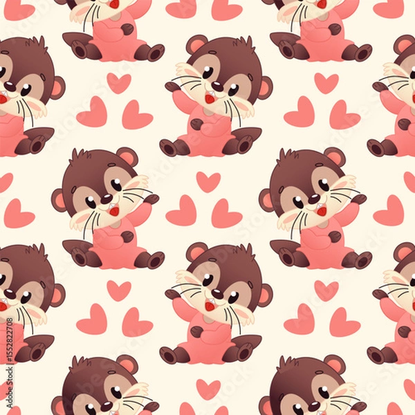 Fototapeta A cute pattern featuring cartoon otters with hearts. The otters are brown with light pink accents, smiling and waving. The background is a soft cream color.