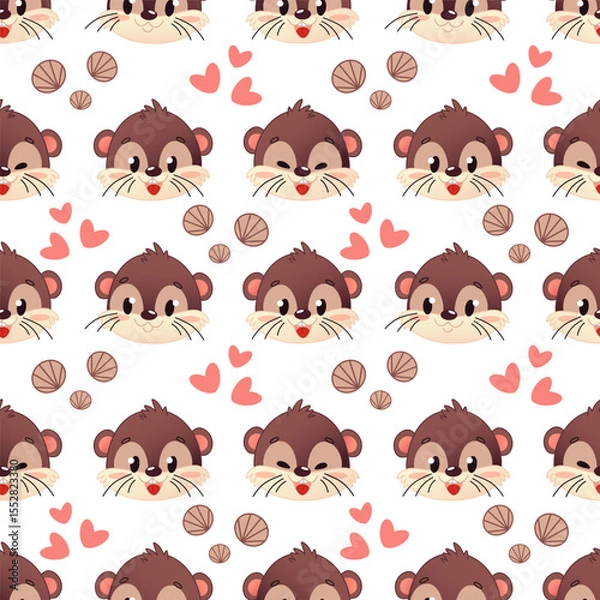 Fototapeta Seamless pattern of three cartoon otter faces showing different emotions, with elements of small shells and hearts. They show happiness, neutrality and curiosity. Vector illustration