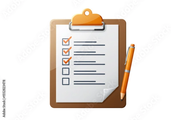 Fototapeta Checklist Clipboard with Checked Boxes and Orange Pen on Transparent Backdrop