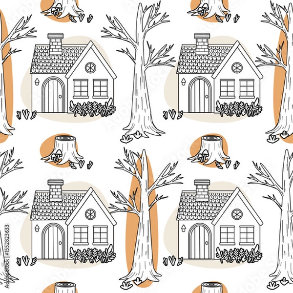 Fototapeta A seamless pattern featuring simple hand-drawn houses and trees. The houses have triangular roofs and windows. The trees are tall with bare branches and stumps.