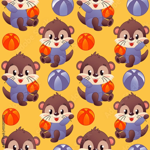 Fototapeta Seamless cute template featuring cartoon otters with orange beach balls. The otters are brown in color with purple costumes. The background is bright yellow color. Vector illustration