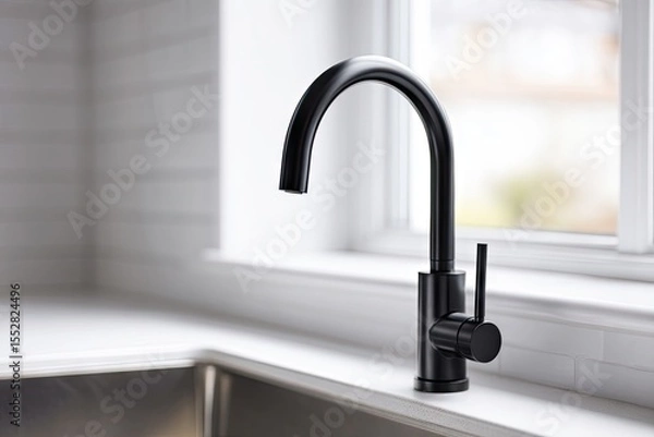 Fototapeta Sleek, matte black gooseneck kitchen faucet installed on a white countertop near a window with white subway tile backsplash