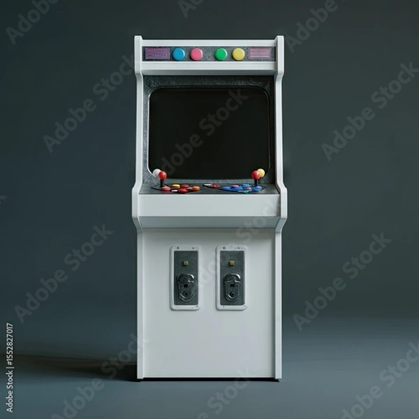 Fototapeta A sleek, white arcade cabinet with a dark screen, colorful buttons, joysticks, and coin slots, set against a gray backdrop