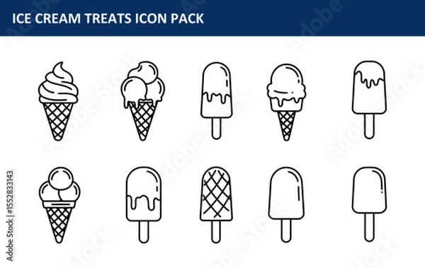 Obraz Ice cream treats icon set displayed in a simple, flat style, showing various types of ice cream in cones and on sticks. Outline illustrations of ice cream in various shapes and forms.