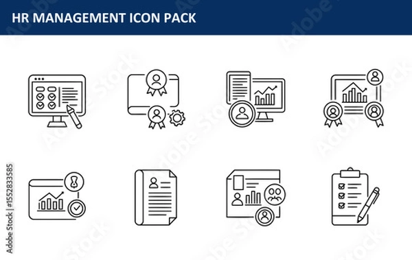 Obraz The HR management icon pack showing various aspects of employee management is displayed in a collection of simple, black line icons, perfect for websites and presentations on HR.