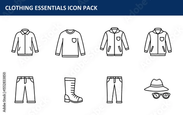 Obraz The Clothing Essentials Icon Pack with outline illustrations of various apparel items is displayed in a collection of simple line drawings, suitable for fashion magazines and websites.