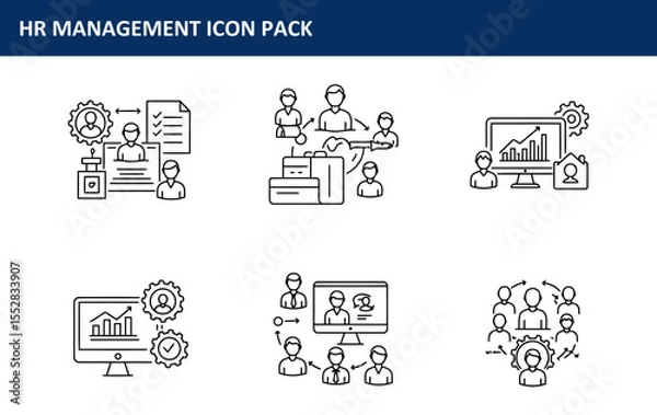 Obraz The HR Management Icon Pack with diverse team collaboration and processes in a modern workplace is illustrated in a set of simple, clean line icons of various HR management functions.