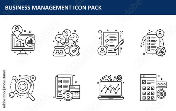 Obraz Business management icons depicting various tools and processes. Simple line art illustrations for a professional presentation or webpage.