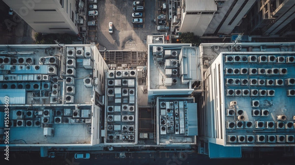 Fototapeta Vertical Aerial View of Building Rooftop with Air Conditioning Units 