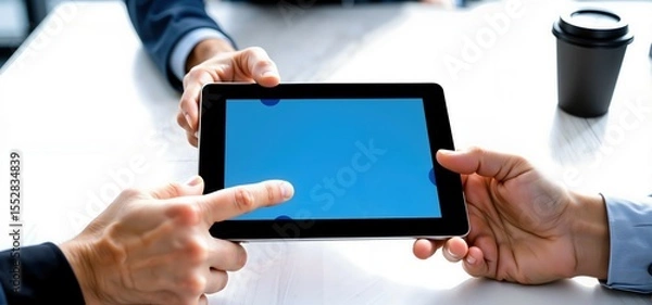 Fototapeta Collaborative business meeting in tablet office setting close-up professional discussion