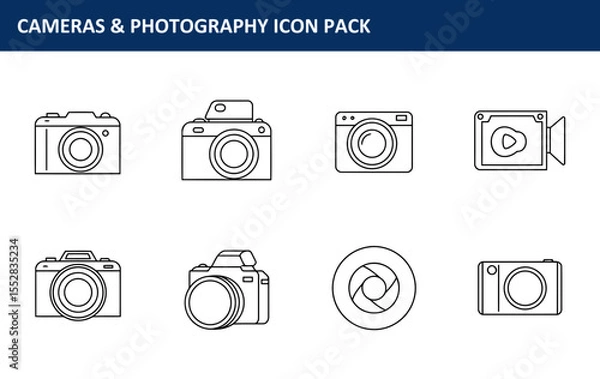 Obraz Line art collection of cameras and a video camera. Simple outline graphics of various photography equipment.