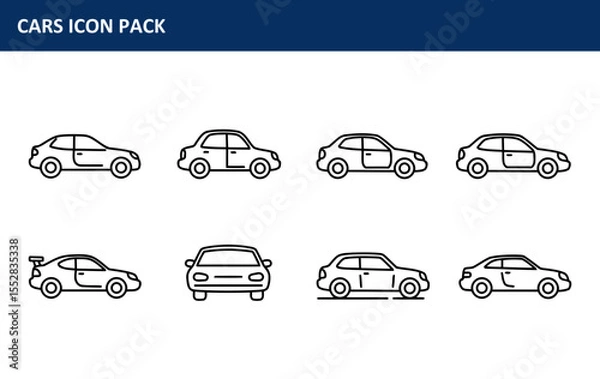 Obraz The Cars Icon Pack features a comprehensive collection of various car silhouettes from different views, effectively highlighting diverse angles and positions for automotive applications.