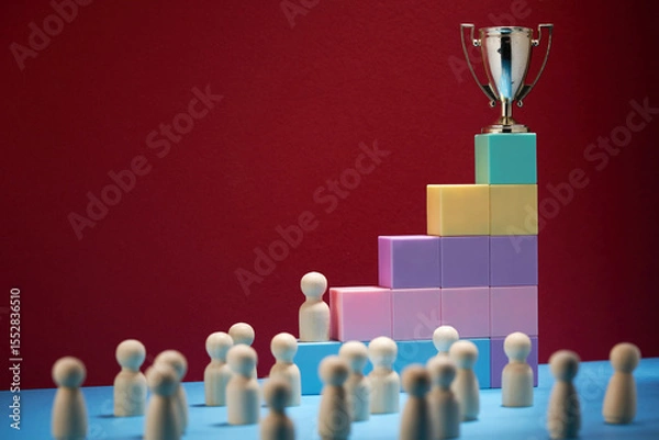 Obraz small trophy on top of toy block surround by wood figurines against red background
