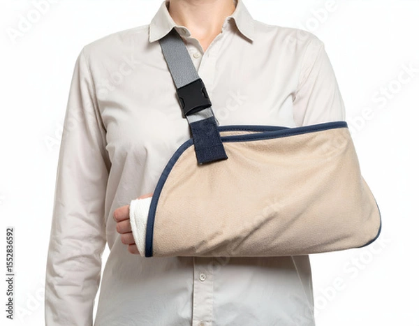 Fototapeta Torso view of a person with a shoulder cast and arm sling