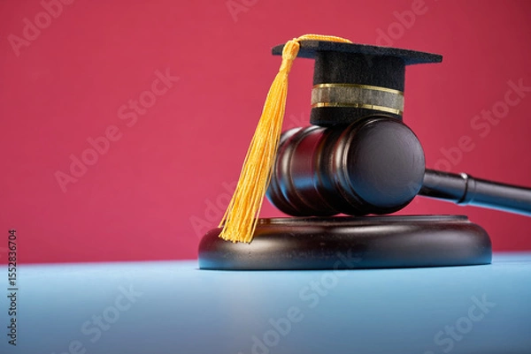 Obraz small mortarboard and gavel  on table against red background