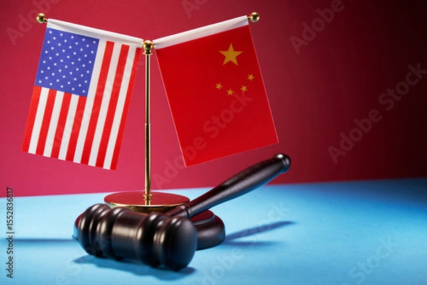 Obraz gavel hammer with usa flag and china flag as background