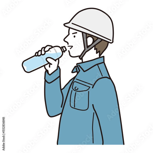 Obraz 熱中症対策でペットボトルの水を飲む作業服の男性　シンプルなイラスト