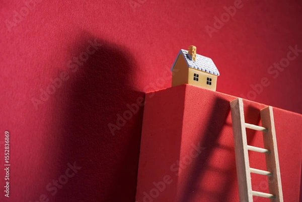 Obraz model house on top of block with step ladder lean on it.