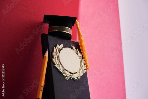 Obraz small mortarboard on award plaque against red background