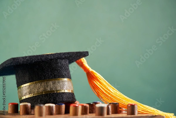 Obraz small mortarboard on portable chessboard against chalkboard