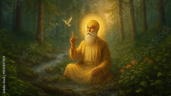 Fototapeta Guru Nanak Dev Ji in Deep Meditation in a Forest Setting with Divine Light and Doves

