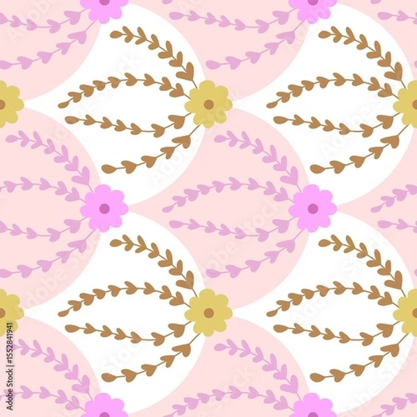 Obraz Seamless floral pattern with stylized branches and simple flowers in soft pink, brown, and yellow tones. Playful retro vibe, perfect for textiles or wrapping.
