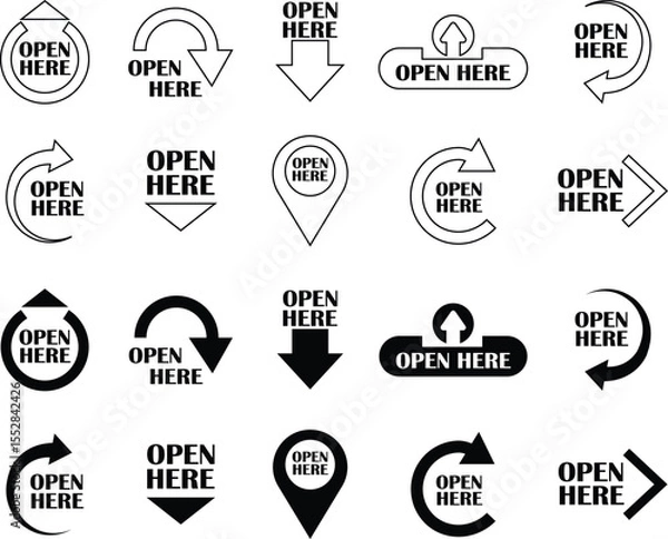 Fototapeta Open here icon set flat and line styles. Open here sticker with text and directional arrows for package designs. Special tag on box. Guidance or opening instruction isolated on transparent background.