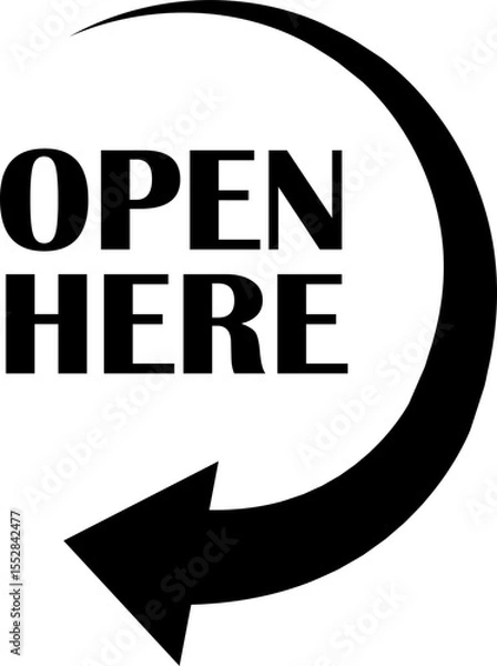 Fototapeta Open here icon vector flat style. Open here sticker with text and directional arrow for package design. Special tag on box. Guidance or opening instruction isolated on transparent background.