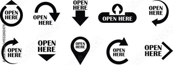 Fototapeta Open here icons vectors set flat styles. Open here sticker with text and directional arrows for package designs. Special tag on box. Guidance or opening instruction isolated on transparent background.