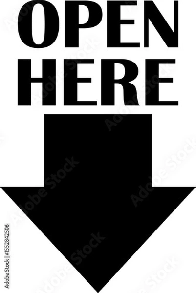 Fototapeta Open here icon vector flat style. Open here sticker with text and directional arrow for package design. Special tag on box. Guidance or opening instruction isolated on transparent background.