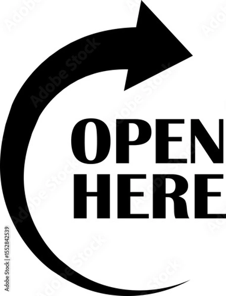 Fototapeta Open here icon vector flat style. Open here sticker with text and directional arrow for package design. Special tag on box. Guidance or opening instruction isolated on transparent background.