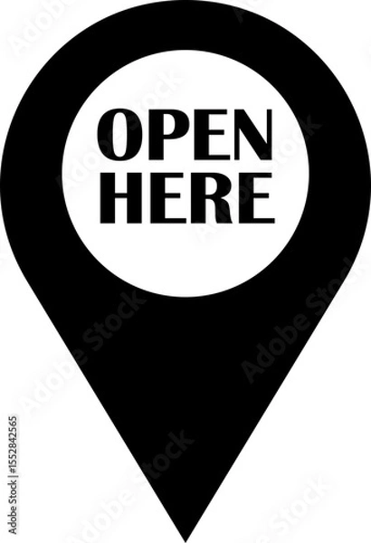 Fototapeta Open here icon vector flat style. Open here sticker with text and directional arrow for package design. Special tag on box. Guidance or opening instruction isolated on transparent background.