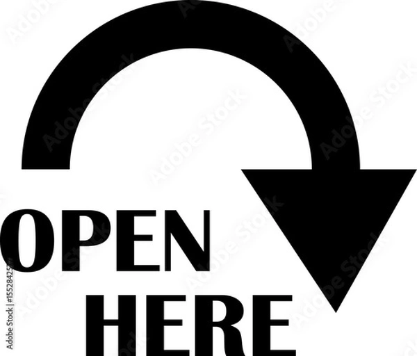 Fototapeta Open here icon vector flat style. Open here sticker with text and directional arrow for package design. Special tag on box. Guidance or opening instruction isolated on transparent background.