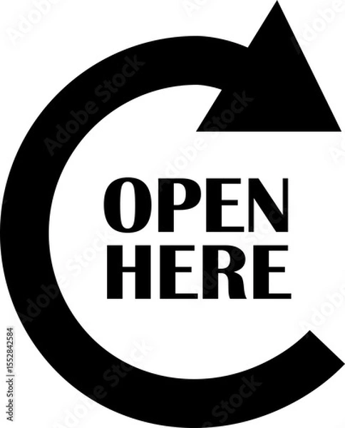 Fototapeta Open here icon vector flat style. Open here sticker with text and directional arrow for package design. Special tag on box. Guidance or opening instruction isolated on transparent background.