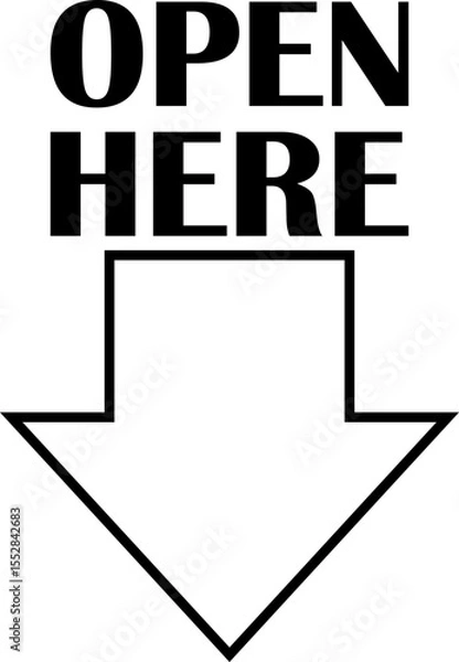 Fototapeta Open here icon vector line style. Open here sticker with text and directional arrow for package design. Special tag on box. Guidance or opening instruction isolated on transparent background.