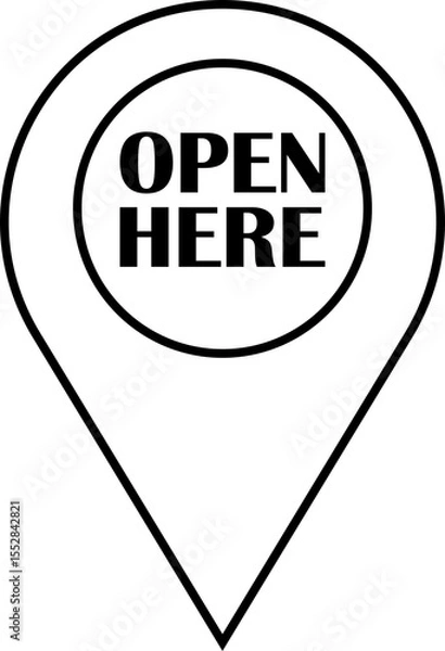 Fototapeta Open here icon vector line style. Open here sticker with text and directional arrow for package design. Special tag on box. Guidance or opening instruction isolated on transparent background.