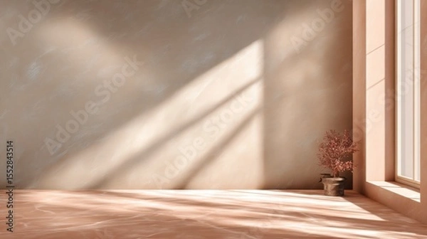 Fototapeta Beige room with light and plant for product display, interior design, and architectural visualization