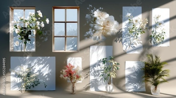 Obraz Floral arrangements with window shadows on display panels for product showcases, presentations, and visual marketing.