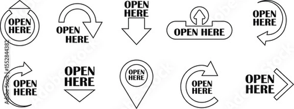 Fototapeta Open here icons vectors set line styles. Open here sticker with text and directional arrows for package designs. Special tag on box. Guidance or opening instruction isolated on transparent background.