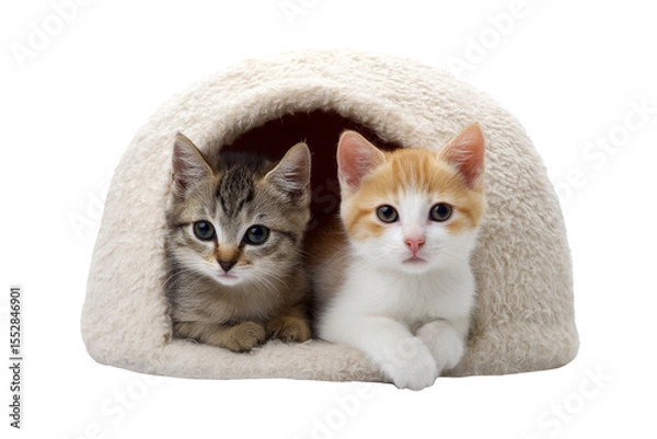 Obraz Two cats laying down in cushion fluffy, isolated on transparent background.